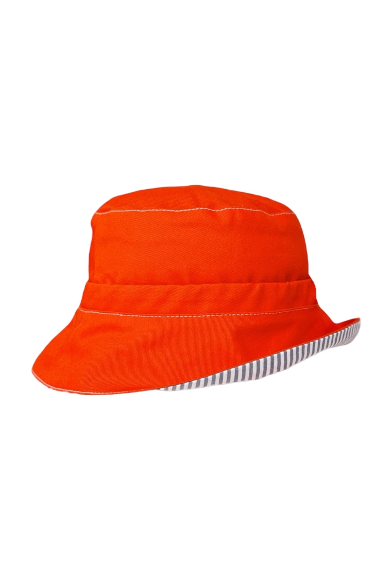 Introducing our versatile summer hat in deep orange denim featuring a stylish combination of white and navy striped cotton. The slim tie on the back allows for adjustable sizing, ensuring a perfect fit. Embrace the warmth of the sun while looking effortlessly chic.  DETAILS AND CARE  Fabric - denim 100% cottoton, &nbsp;70% Ramie 30% cotton  Hand wash