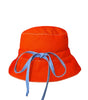 Introducing our versatile summer hat in deep orange denim featuring a stylish combination of white and navy striped cotton. The slim tie on the back allows for adjustable sizing, ensuring a perfect fit. Embrace the warmth of the sun while looking effortlessly chic.  DETAILS AND CARE  Fabric - denim 100% cottoton, &nbsp;70% Ramie 30% cotton  Hand wash