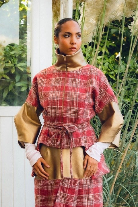 Modern Plaid & Metallic Gold Kimono-Sleeve Jacket