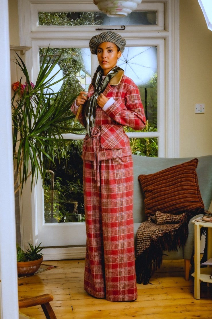 Red Plaid High-Waisted Wide-Leg Pants