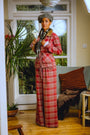 Red Plaid High-Waisted Wide-Leg Pants