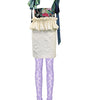 Multicolored outfit with floral top, ruffled skirt, and patterned tights on a white background