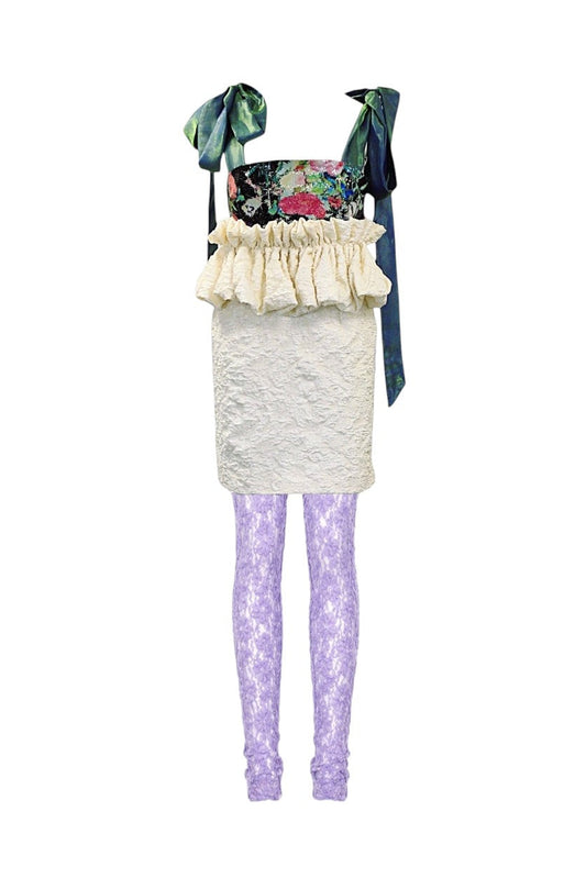 Multicolored outfit with floral top, ruffled skirt, and patterned tights on a white background