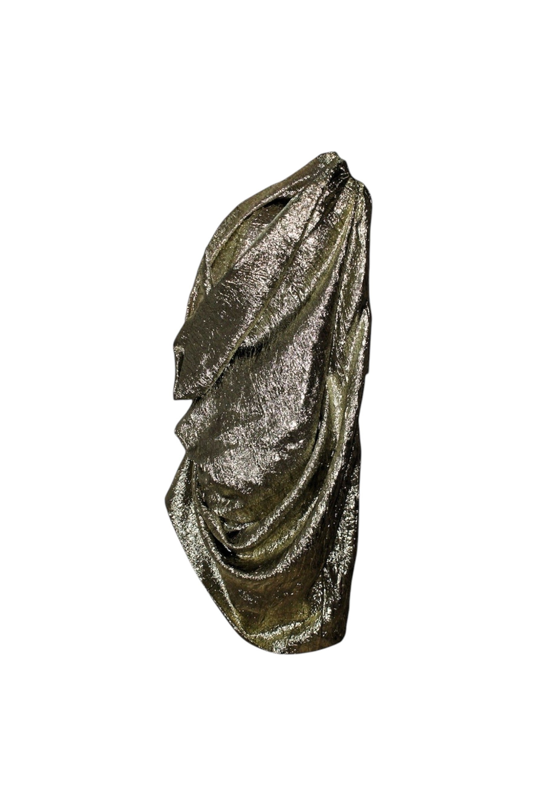 Metallic sculpture of draped fabric on a white background
