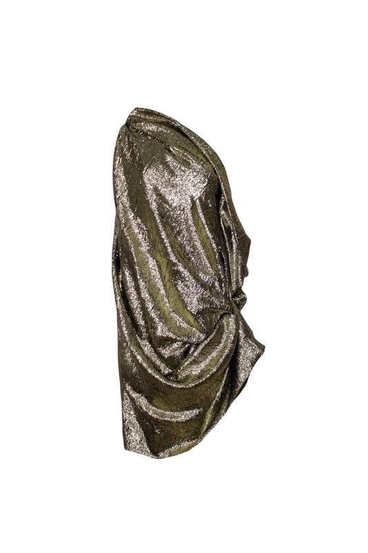Shiny metallic fabric draped over a white background