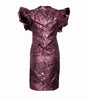 Pink jacquard mini dress with deep V neckline and ruffled sleeves