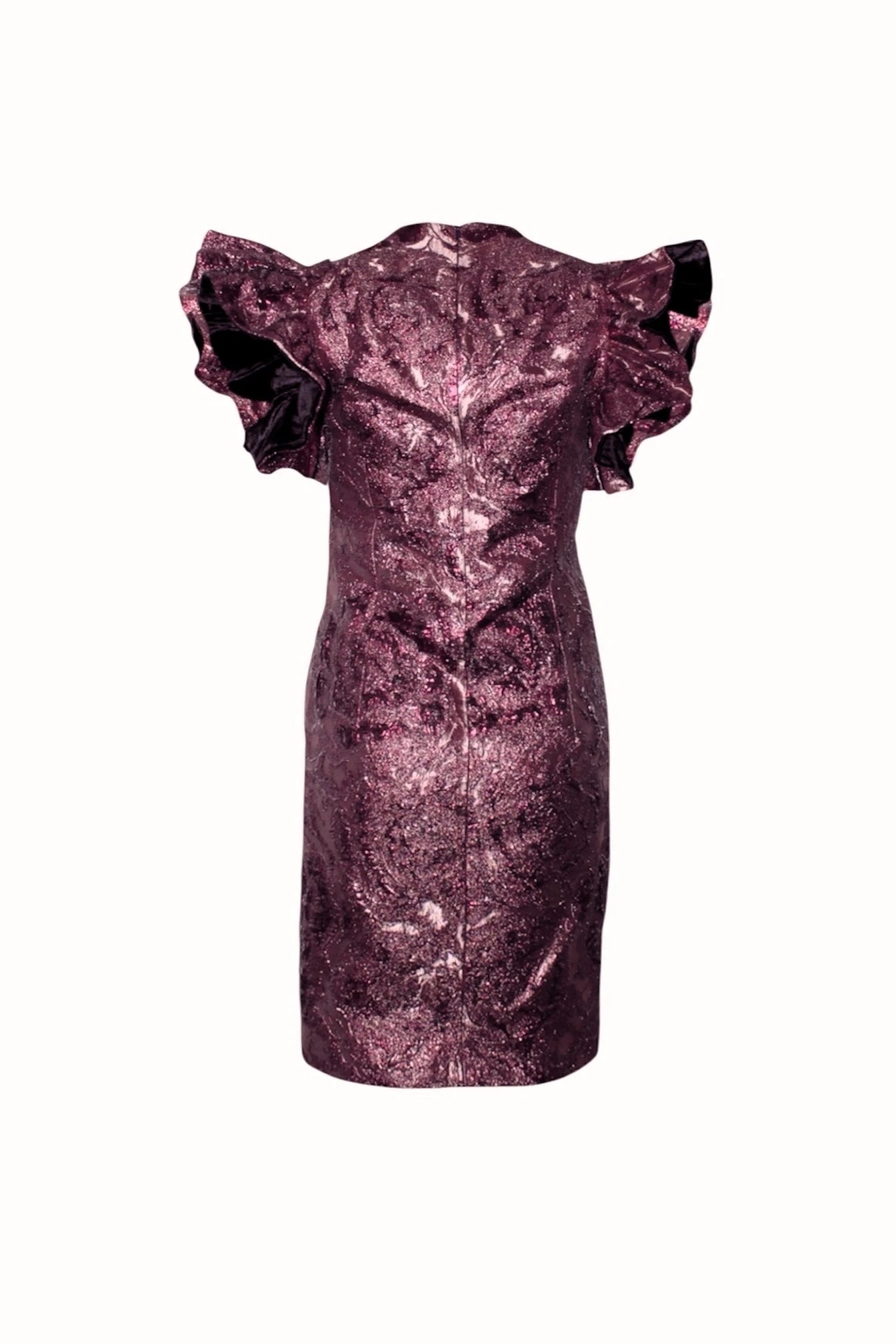 Pink jacquard mini dress with deep V neckline and ruffled sleeves