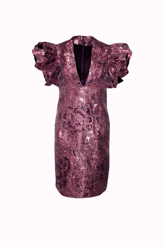 Pink jacquard mini dress with deep V neckline and ruffled sleeves