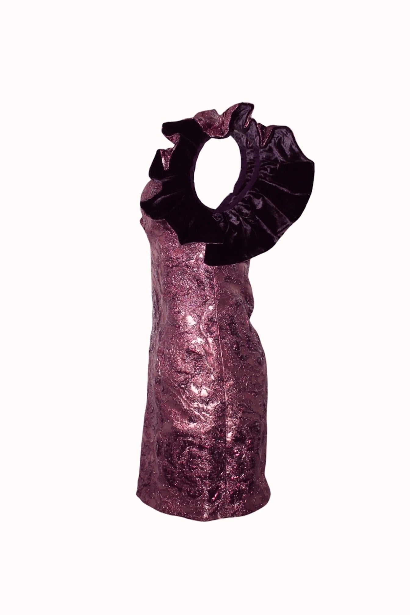 Pink jacquard mini dress with deep V neckline and ruffled sleeves