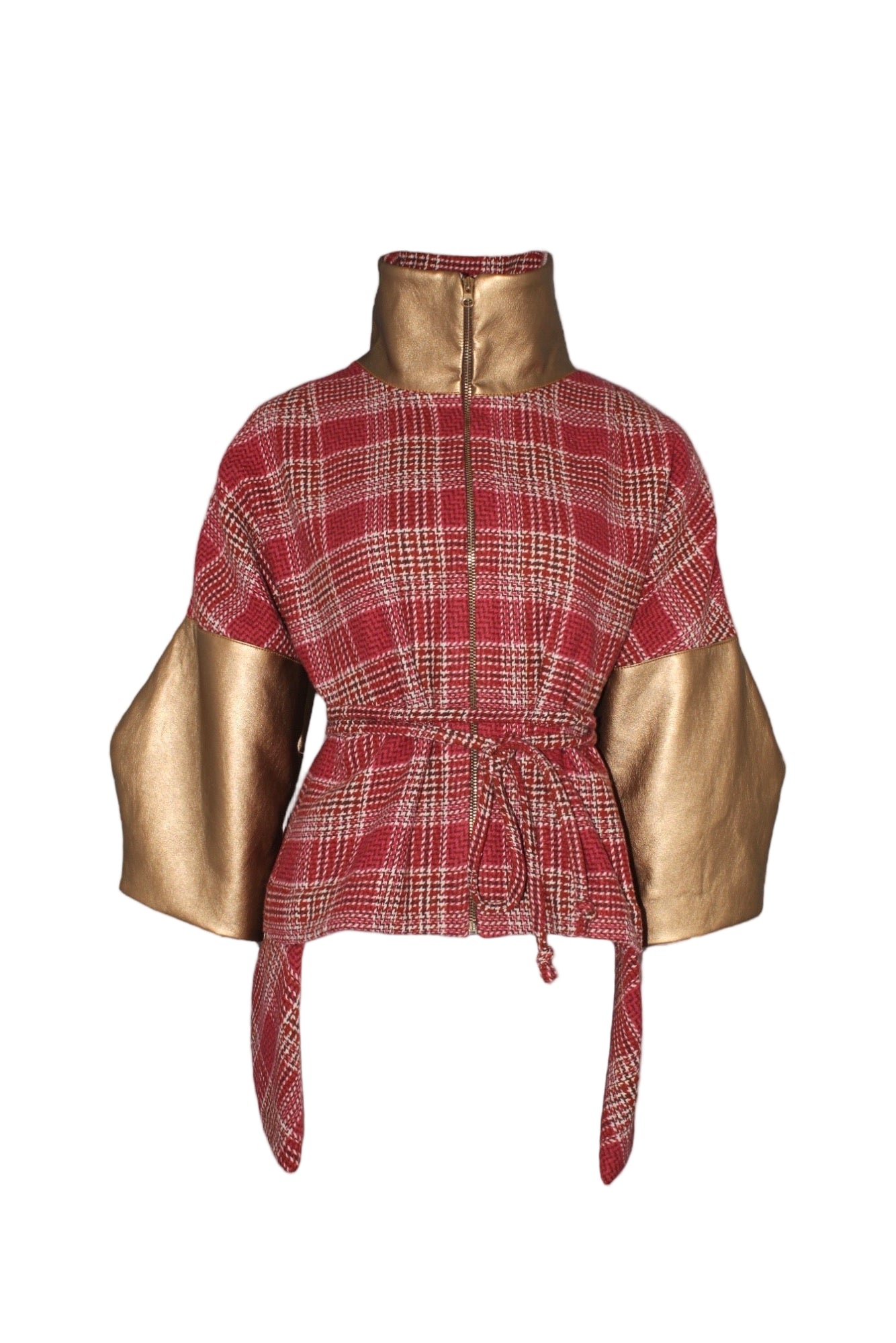 Modern Plaid & Metallic Gold Kimono-Sleeve Jacket