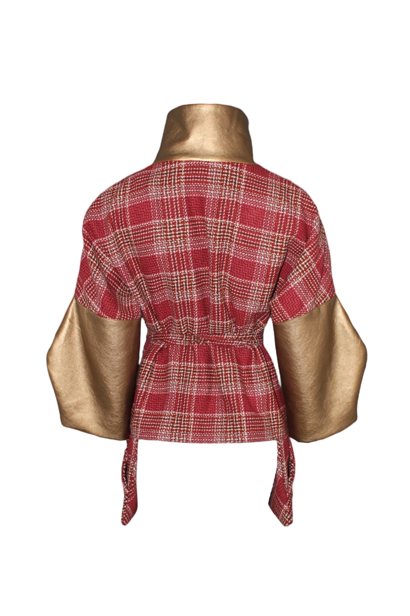 Modern Plaid & Metallic Gold Kimono-Sleeve Jacket