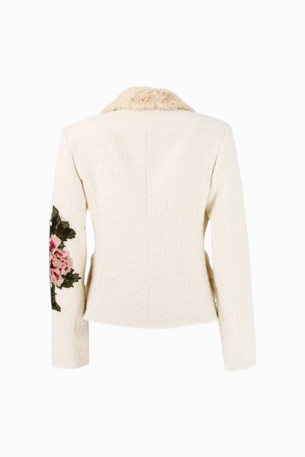 Beige jacket with floral arm designs on a white background