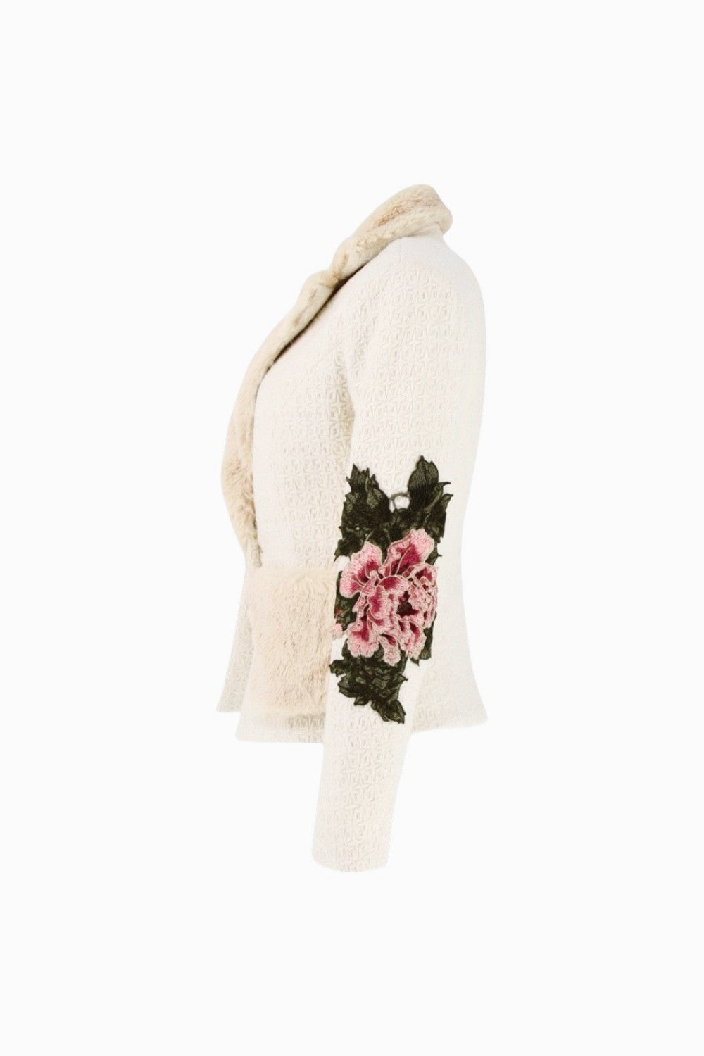 White hooded jacket with floral embroidery on a white background