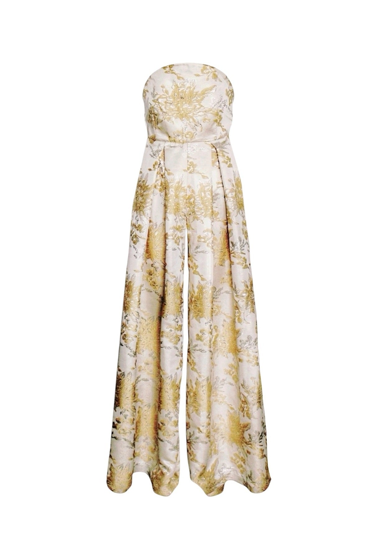 Floral strapless jumpsuit on a white background