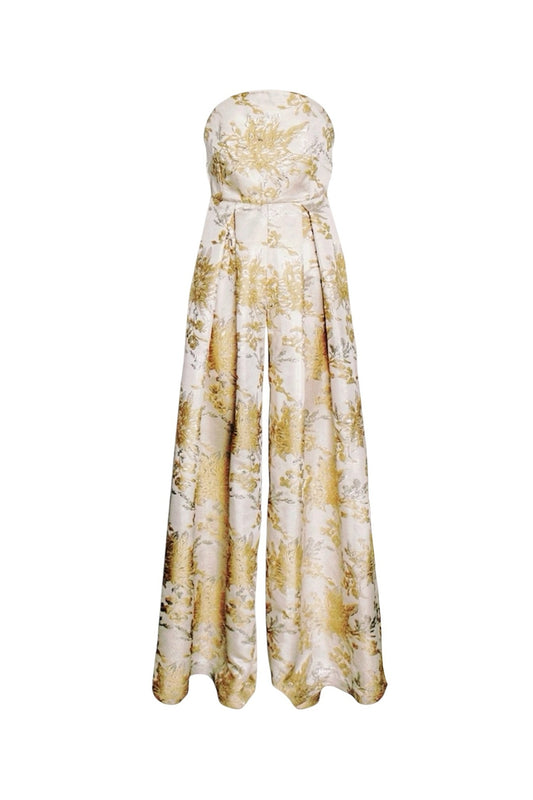 Floral strapless jumpsuit on a white background