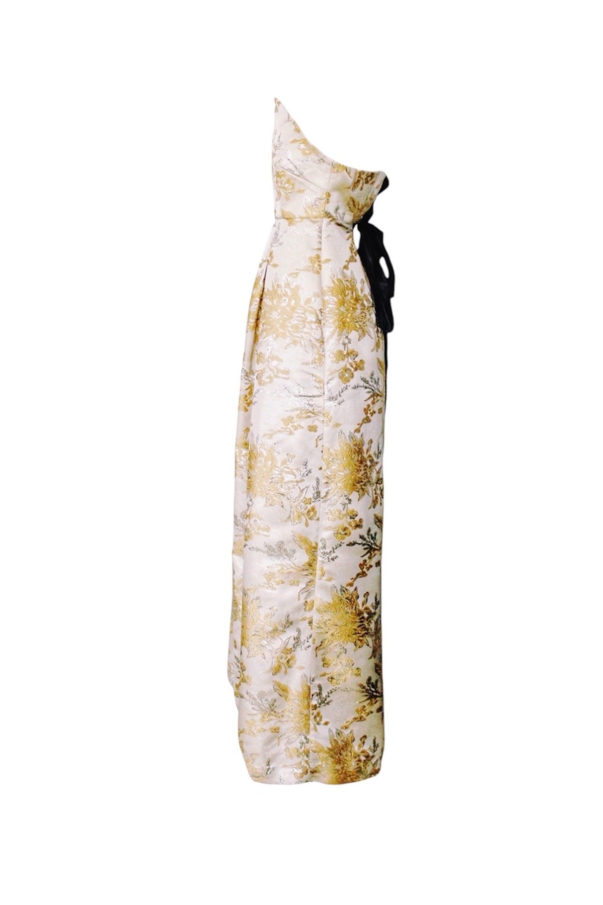 Floral-patterned dress with a black belt on a white background