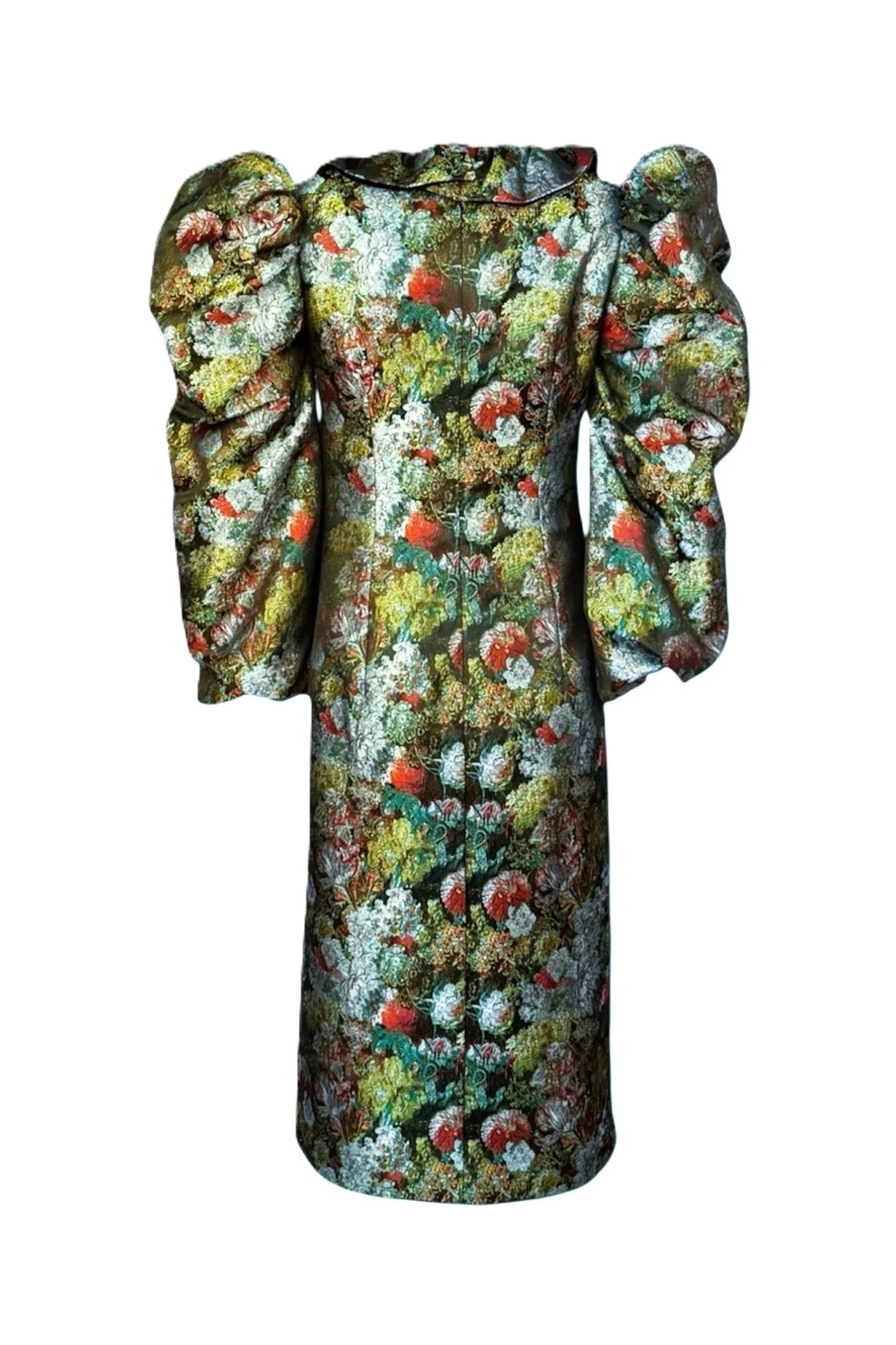 Floral patterned dress with puff sleeves on a white background