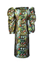 Floral patterned dress with puff sleeves on a white background