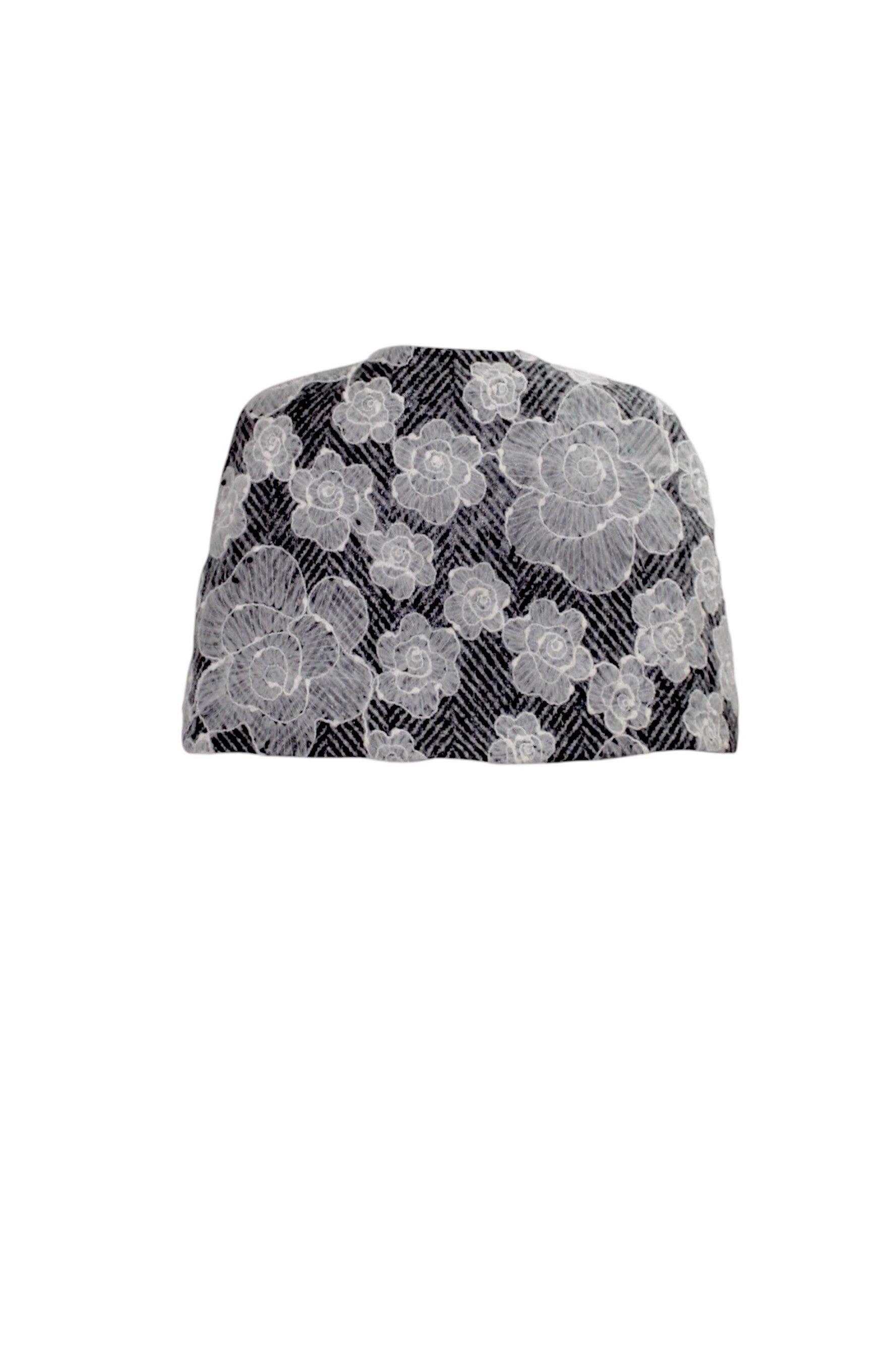 Floral-patterned beanie on a white background