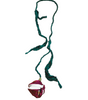 Green knitted necklace with a red pendant on a white background