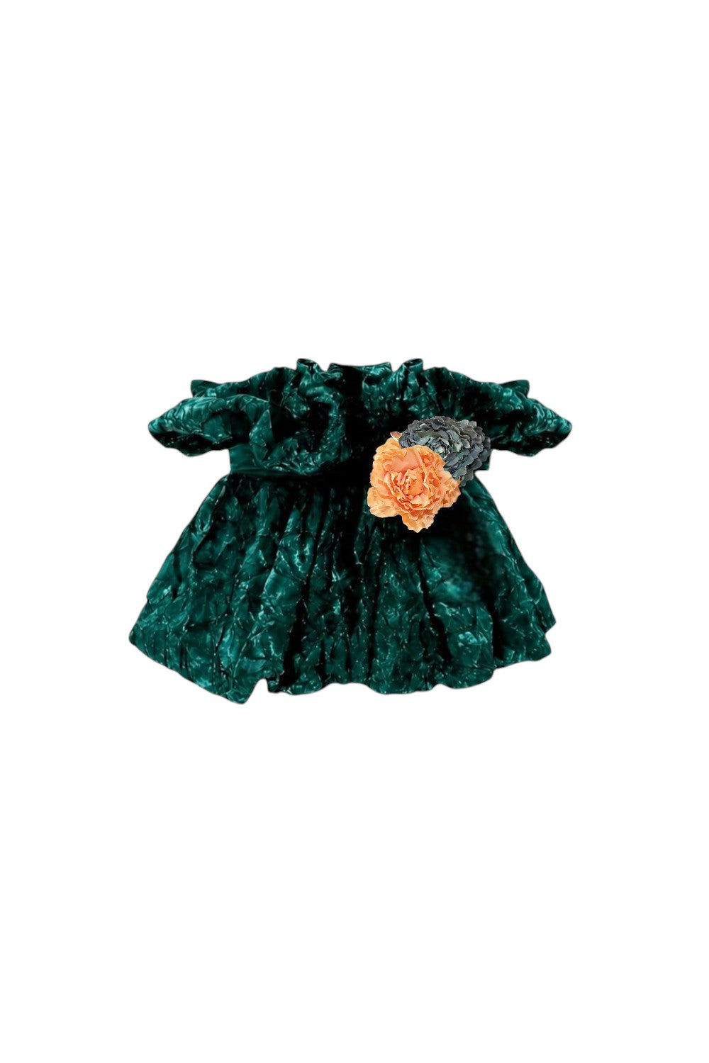 Green velvet dress with a floral detail on a white background