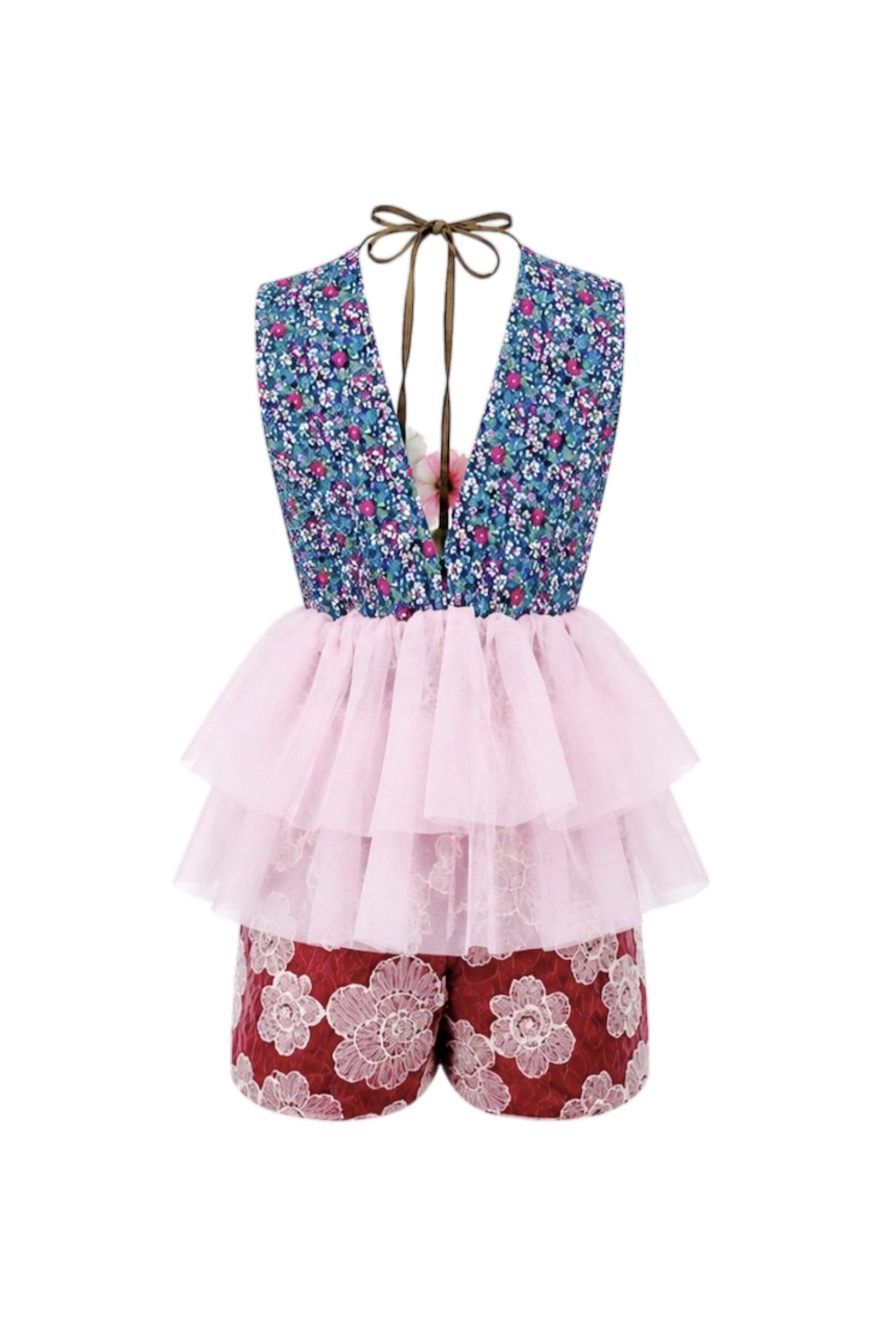 Multicolored floral dress with a pink ruffled top and red shorts on a white background