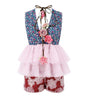 Children's outfit with floral vest, pink ruffled top, and red shorts on a white background