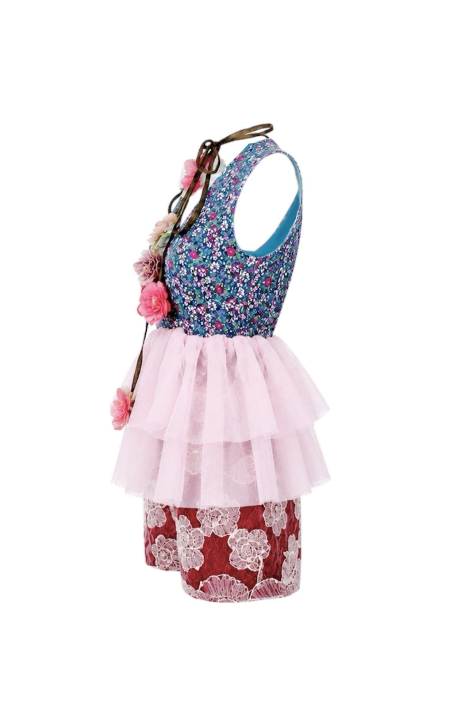 Multicolored dress with floral patterns on a white background