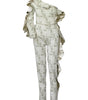 Textured jumpsuit with ruffled details on a white background