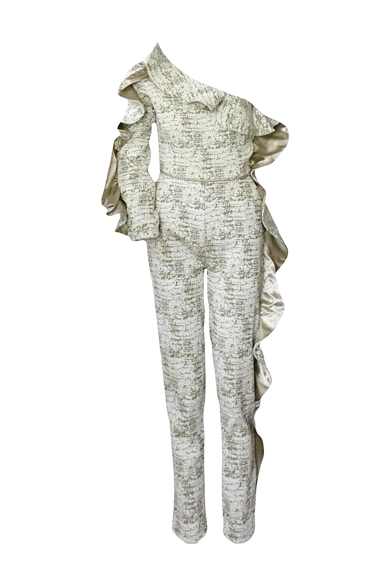 Textured jumpsuit with ruffled details on a white background