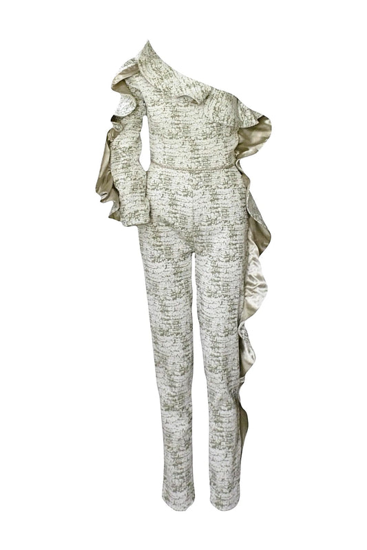 Textured jumpsuit with ruffled details on a white background