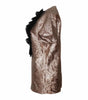Metallic gold jacket with black ruffle details on a white background