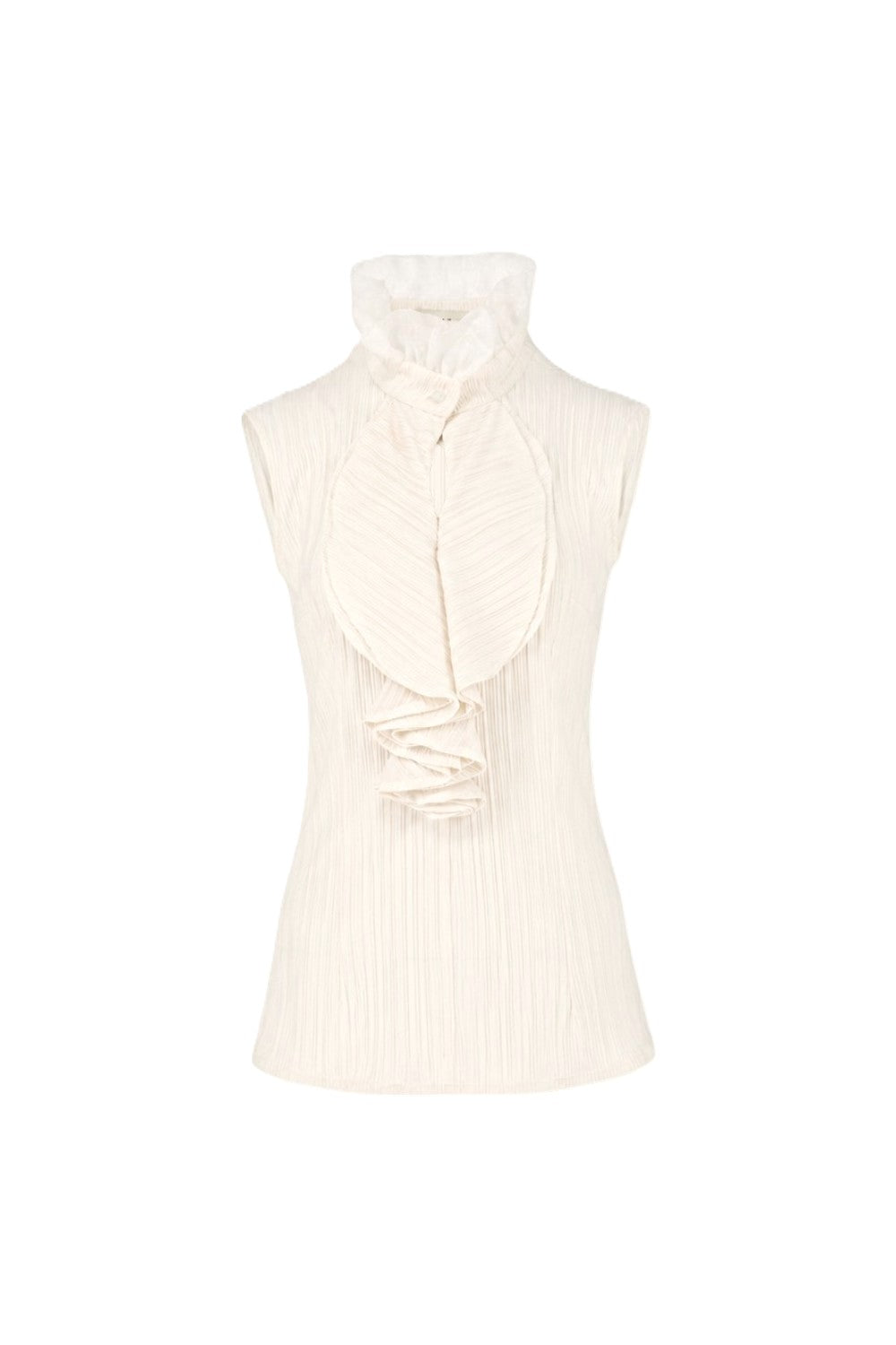 White sleeveless top with a high neckline on a white background