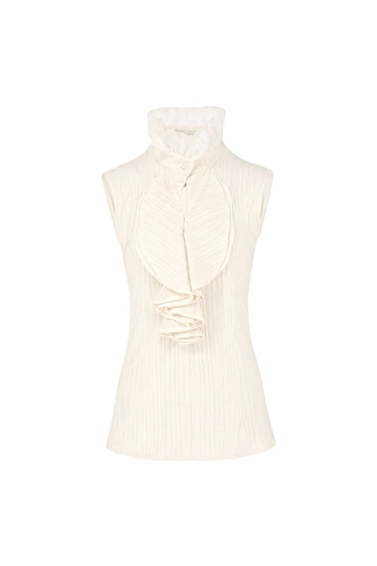 White sleeveless top with a high neckline on a white background