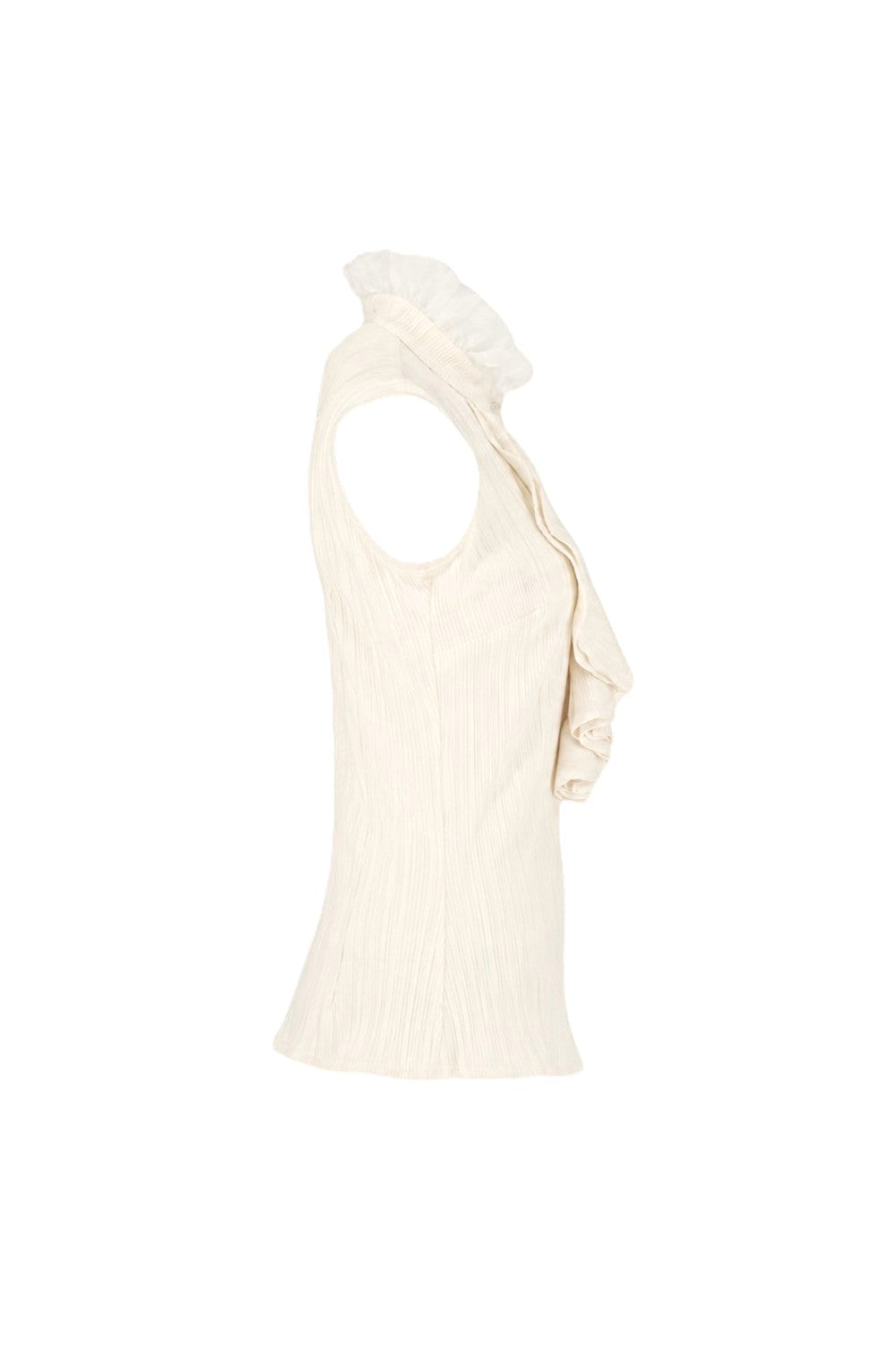 Cream-colored ribbed knit sleeveless sweater on a white background