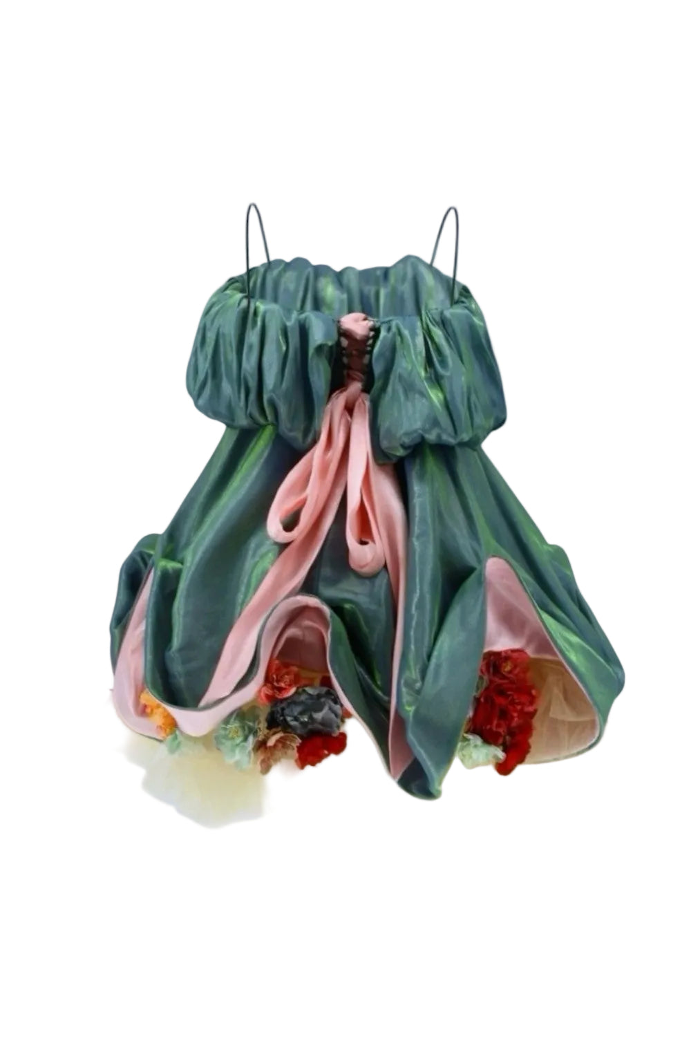 Model of a butterfly with green wings and pink body on a white background