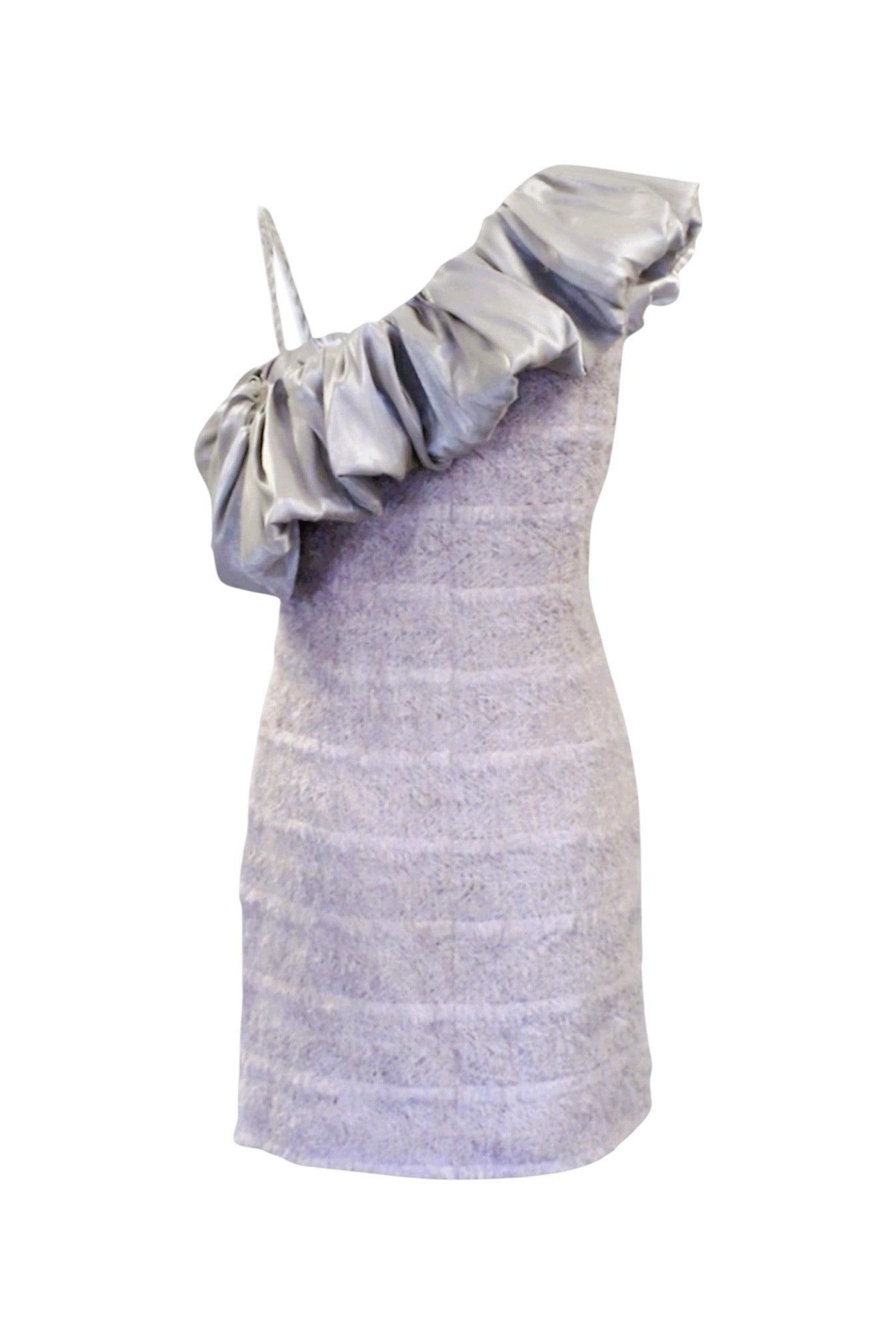 One-shoulder dress with ruffled detail on a white background