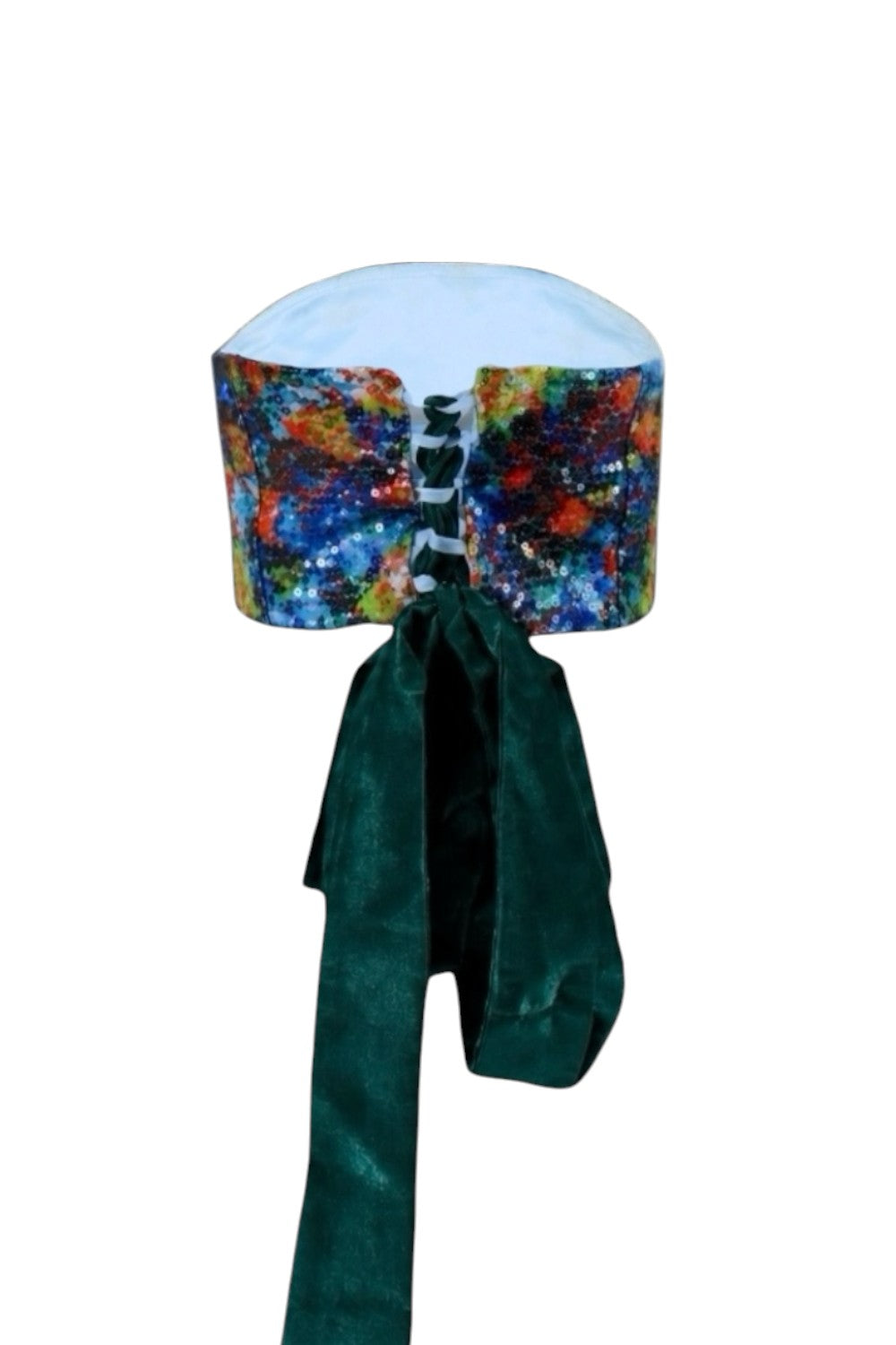Colorful head wrap with a green ribbon on a white background
