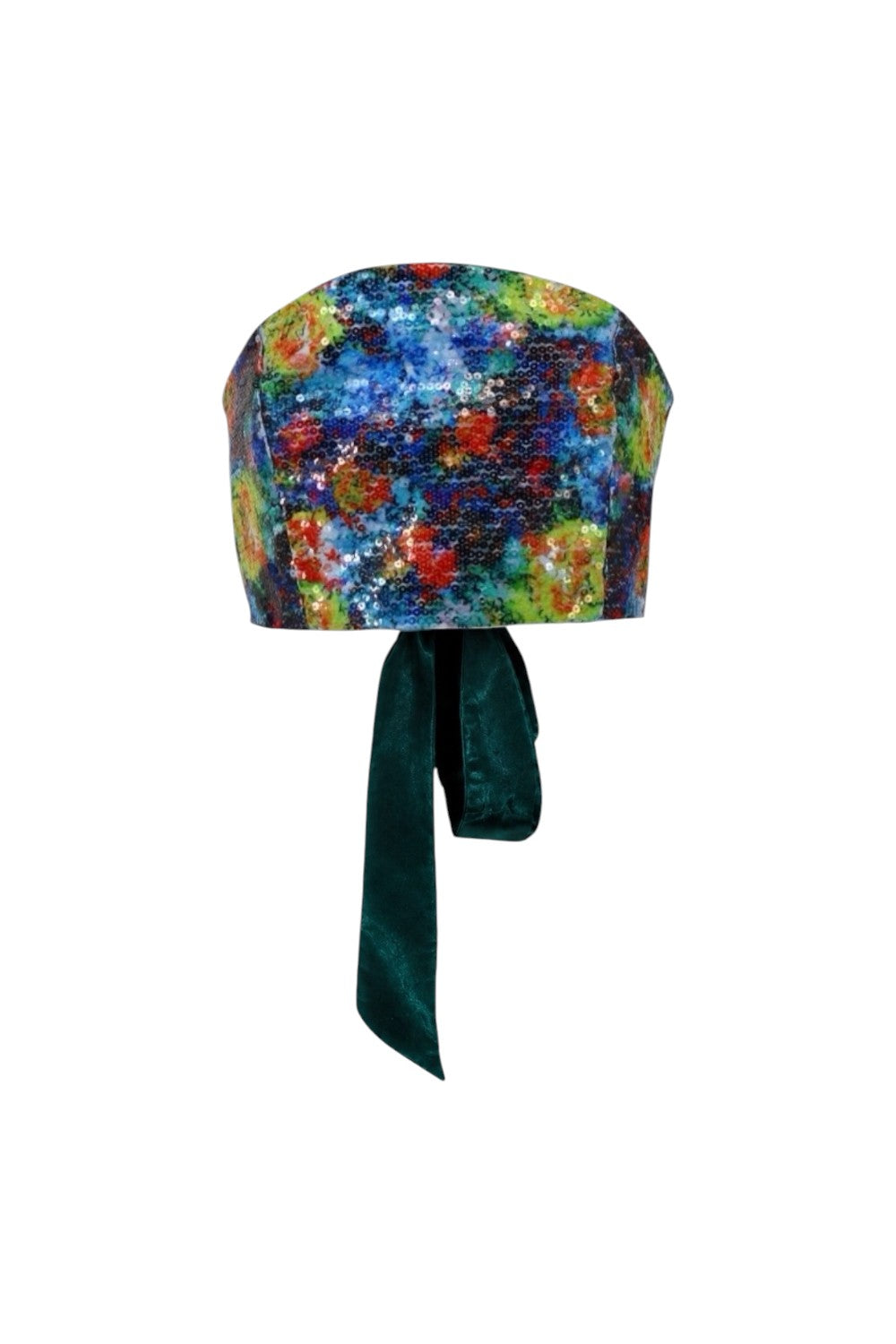 Colorful bandeau top with a green ribbon on a white background