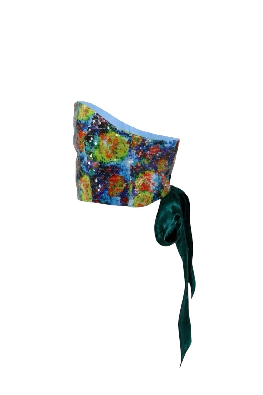 Colorful strapless top with floral pattern and green ribbon on a white background