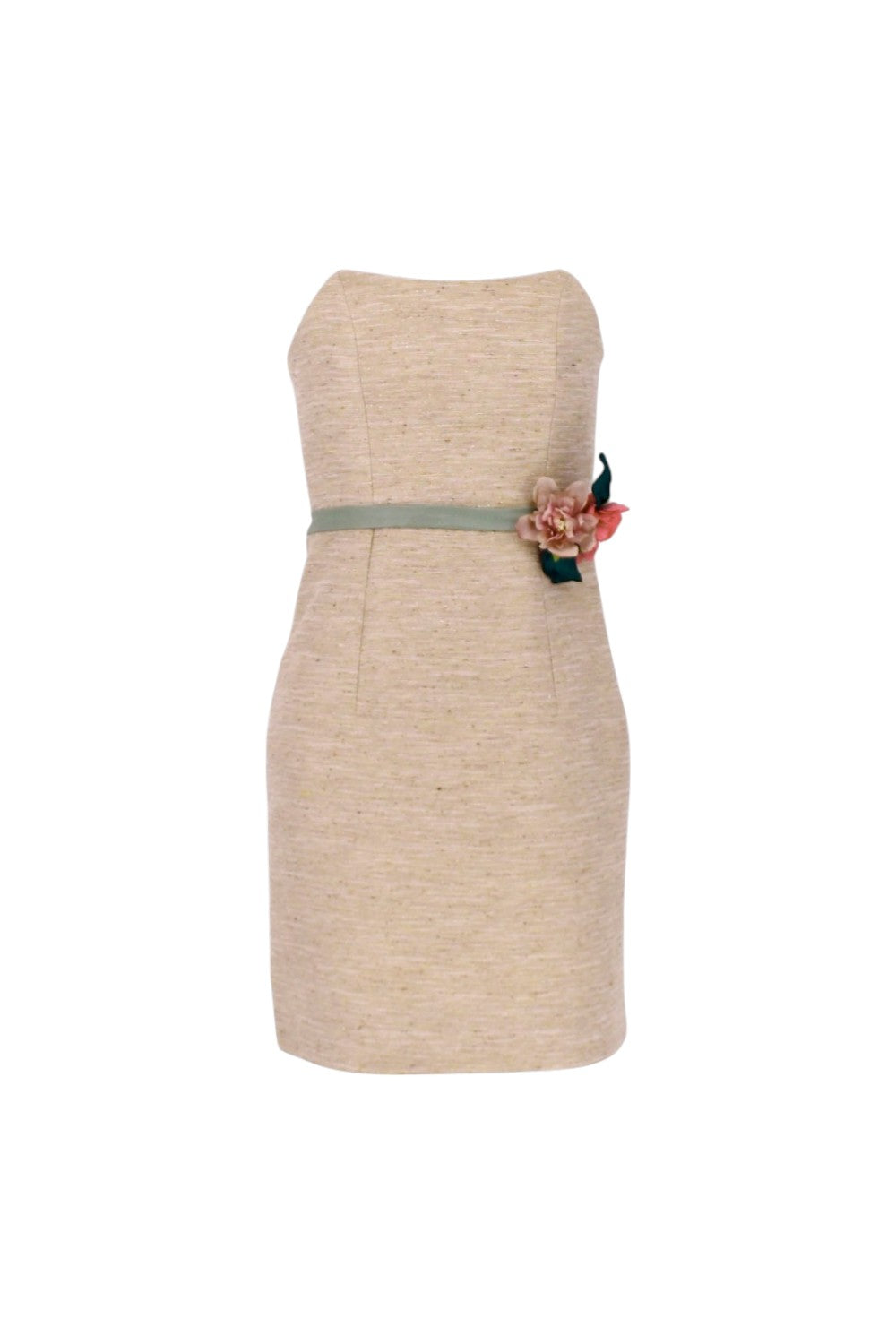 Beige strapless dress with a floral detail on a white background