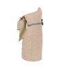 Beige one-shoulder dress with a green accent on a white background