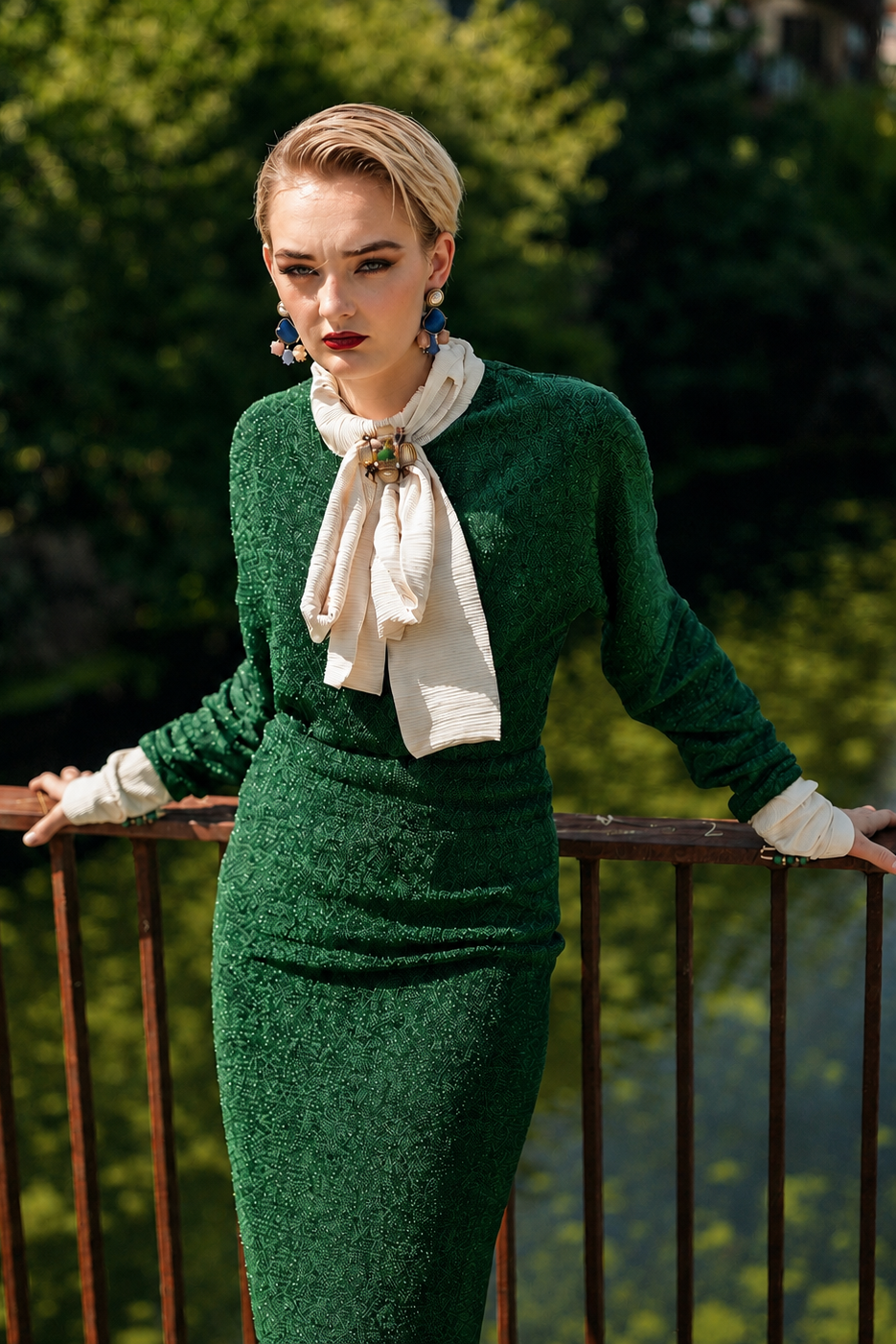 Woman in a green dress with a white scarf standing outdoors with greenery in the background