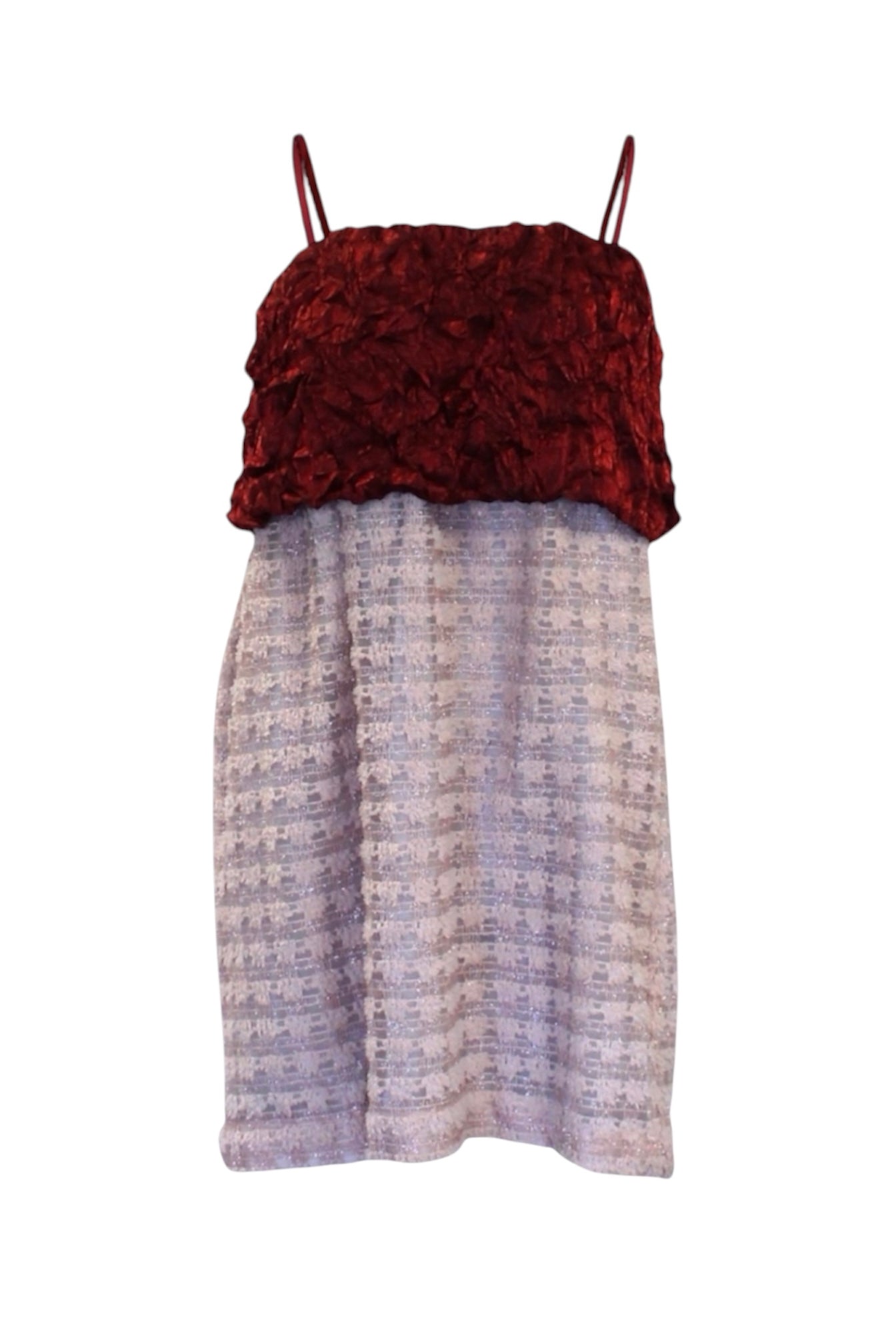 Dress with a red top and patterned skirt on a white background