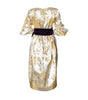 Gold floral dress with a purple belt on a white background