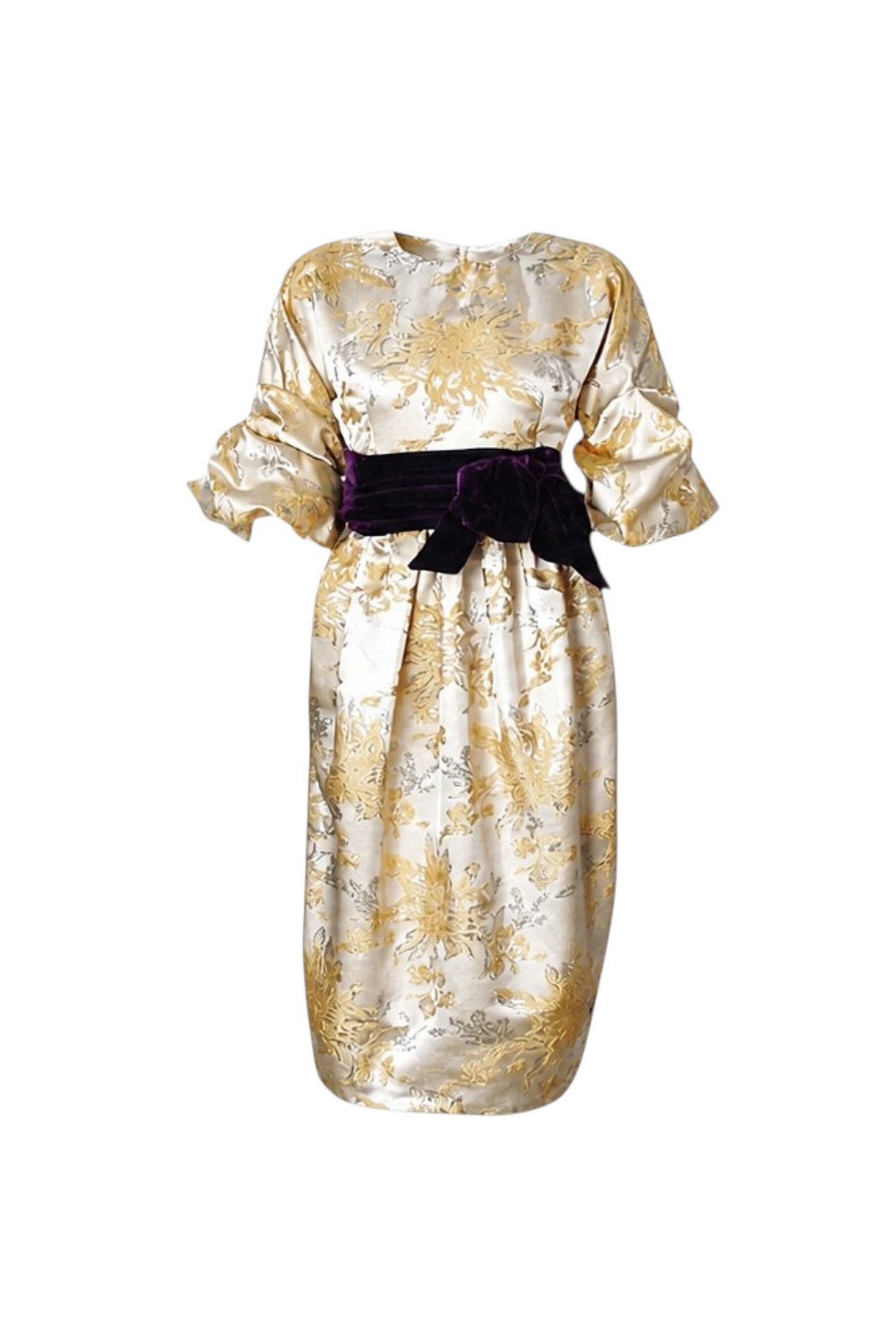 Gold and white floral dress with a purple belt on a white background