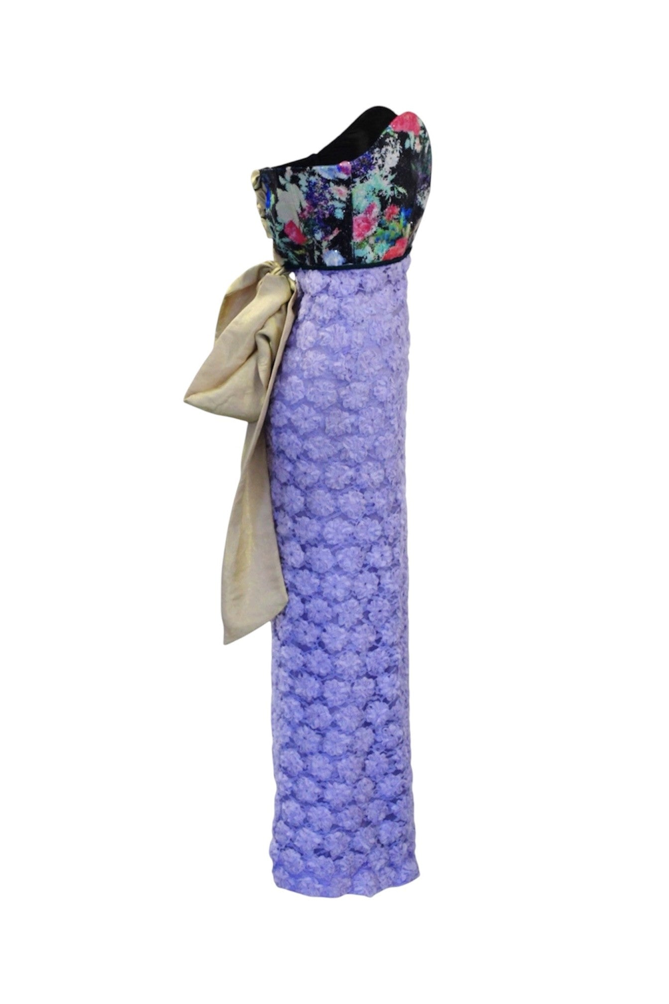 Purple floral dress with a black floral top on a white background