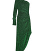 Green glittery one-shoulder dress on a white background
