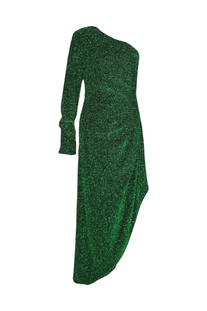 Green glittery one-shoulder dress on a white background