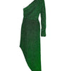 Green one-shoulder dress on a white background